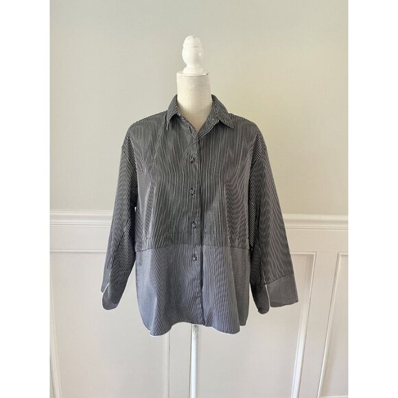 Piazza Sempione Striped Button-Down Shirt Black & White Cotton Size 40 US 10 - Picture 5 of 7